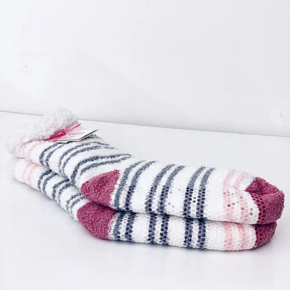NWT Cuddl Duds Pink White 4-10 Shoe Sz Plush Fuzzy Sherpa Lined Cozy Gift Socks